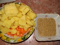 Очищаем морковь и картофель и нарезаем кубиками, промываем ячневую или пшеничную сечку