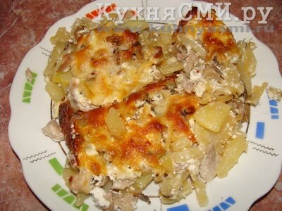 Картофельная запеканка с грибами и курицей