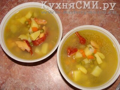 Суп по-турецки с сельдереем, зеленым горошком и копченой курицей